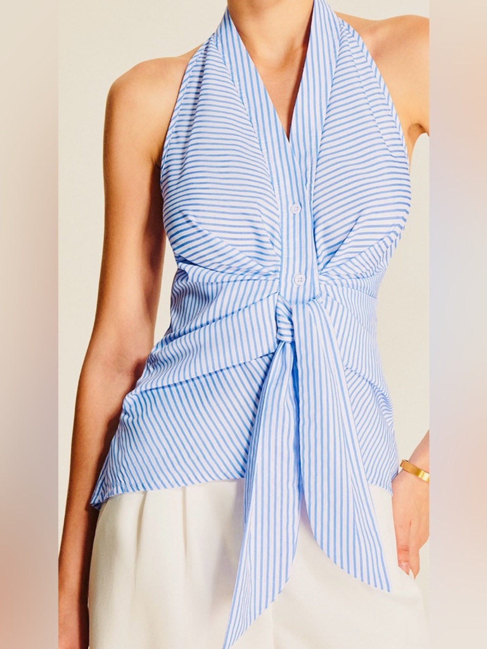 Commense Blue & White Striped Halter Tie Front Blouse Size L
